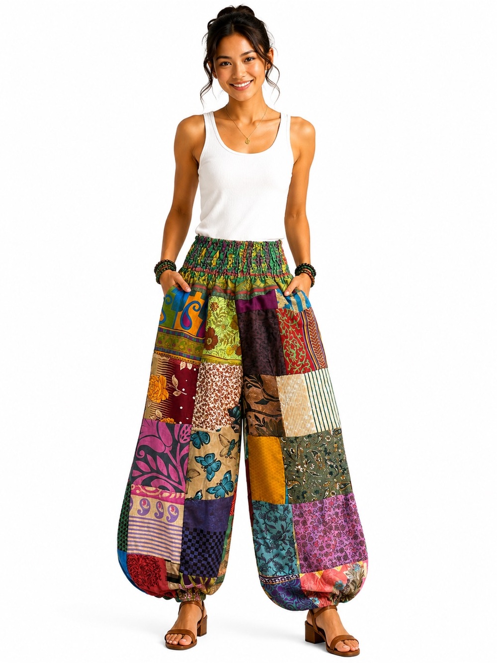 5D. New Patchwork Wide-Leg Harem Pants - Multicolor